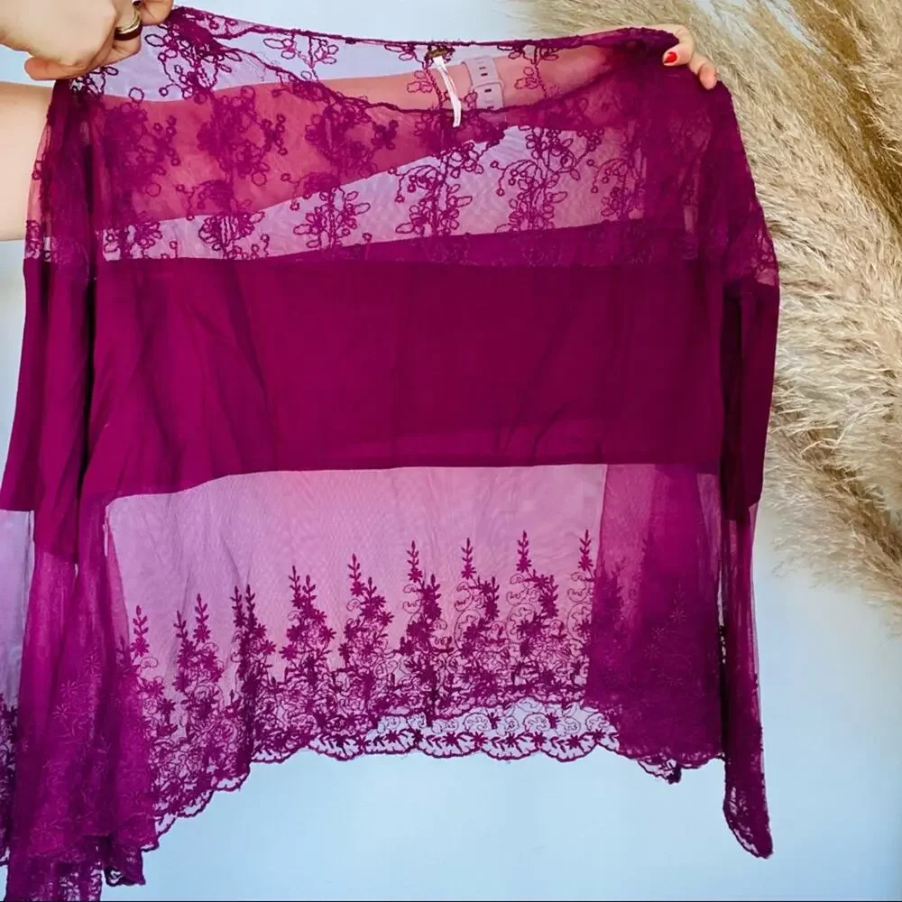 FREE PEOPLE Maroon Red Sheer Lace Mesh Long Bell Sleeve Crop Top Blouse Shirt M